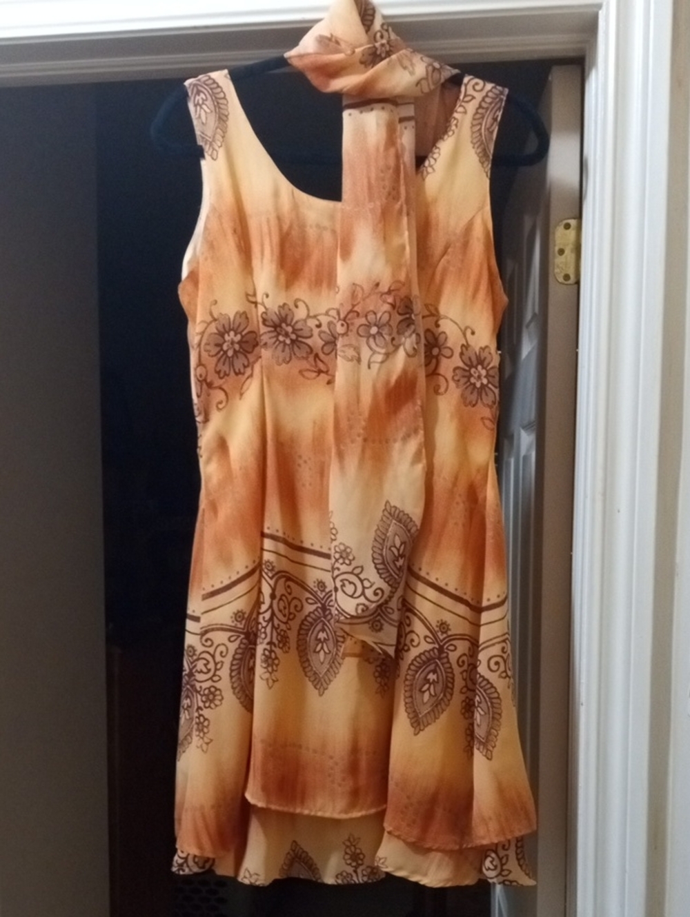 Vintage Sleeveless Orange Floral Border Print Dress with Neck Scarf